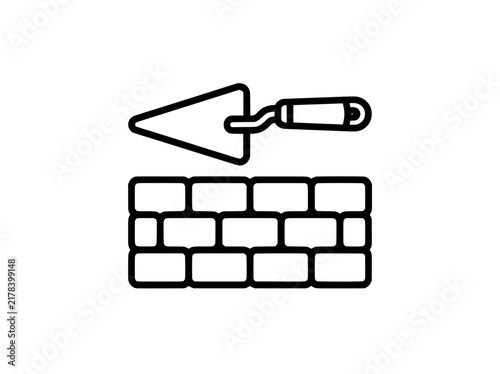 Minimalist brick wall and trowel icon vector. Masonry construction symbol. Building work and home renovation outline illustration.