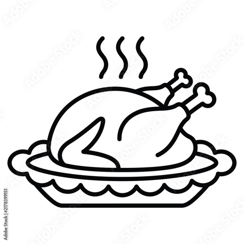A simple black and white line art icon of a hot roasted chicken served on a decorative dinner platter