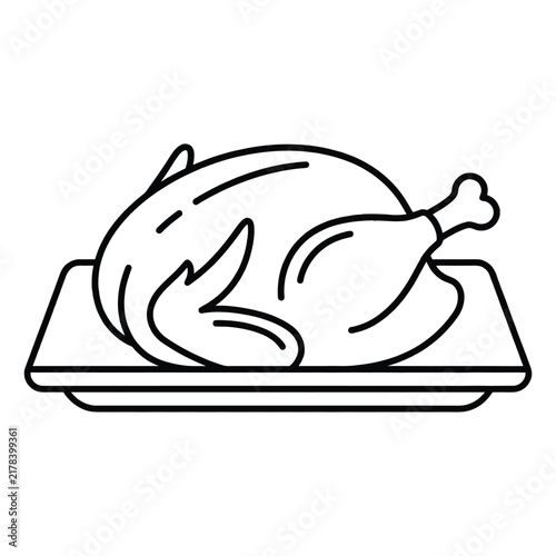 A simple black and white line art illustration of a whole roasted chicken served on a rectangular platter