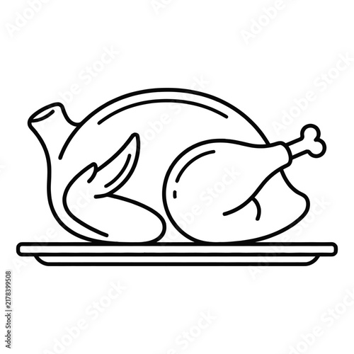 A simple black and white line art illustration of a roasted whole chicken served on a dinner plate