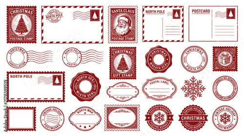 Obraz na plátně Vintage Christmas postage stamps and mail labels set, retro North Pole postal ma