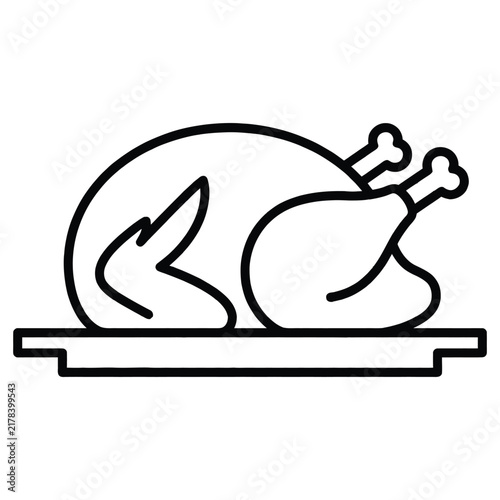 A simple black and white line art icon representing a whole roasted chicken served on a dinner platter