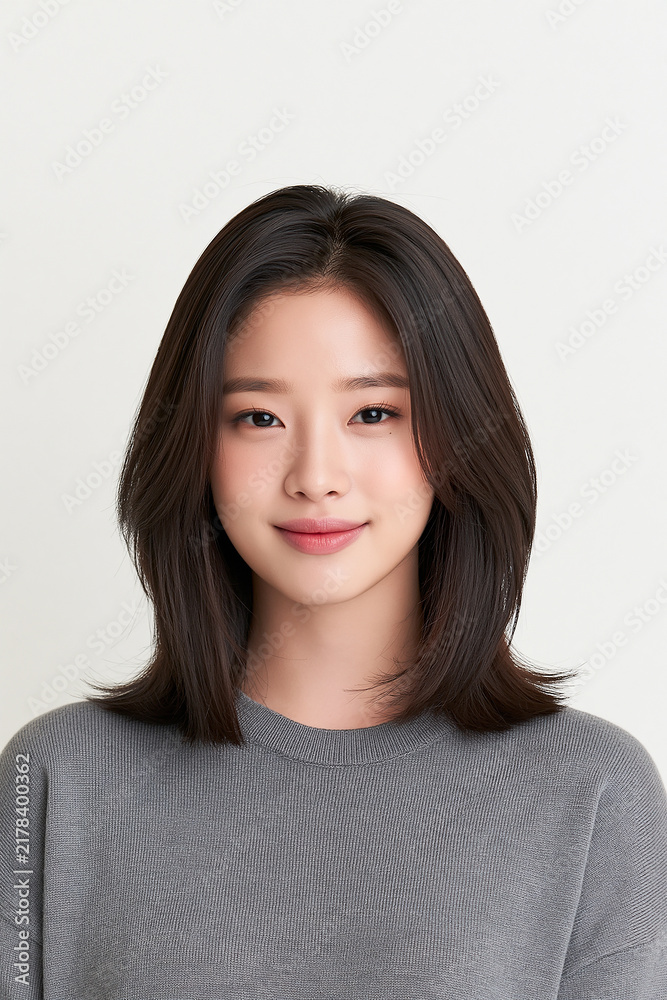 Fototapeta premium Studio Portrait Of Smiling Woman In Grey Knit Sweater With Dark Layered Hair