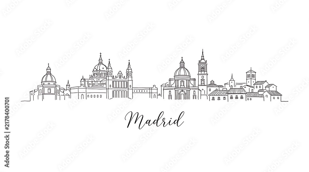Fototapeta premium Minimalist Line Drawing of Madrid's Skyline Featuring Iconic Architectural Landmarks and Elegant Typography of the City's Name