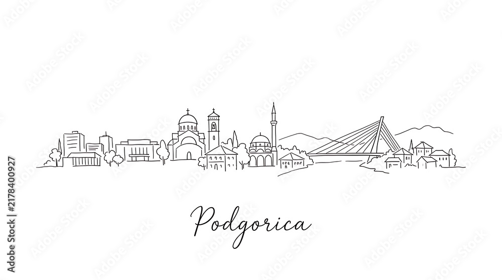 Fototapeta premium Minimalist line art depiction of Podgorica skyline featuring historic structures and modern bridge in a sleek continuous line