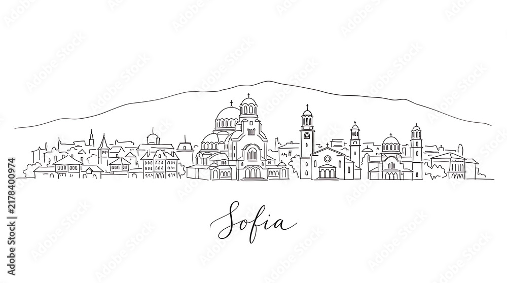 Fototapeta premium Minimalist Line Drawing of Sofia's Historic Skyline with Iconic Churches and Mountain Backdrop