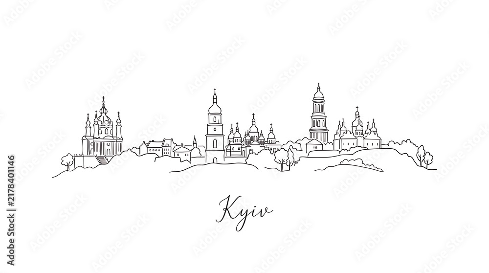 Fototapeta premium Minimalist Line Art Illustration of Kyiv's Iconic Skyline Featuring Historic Landmarks Silhouetted Against the Sky
