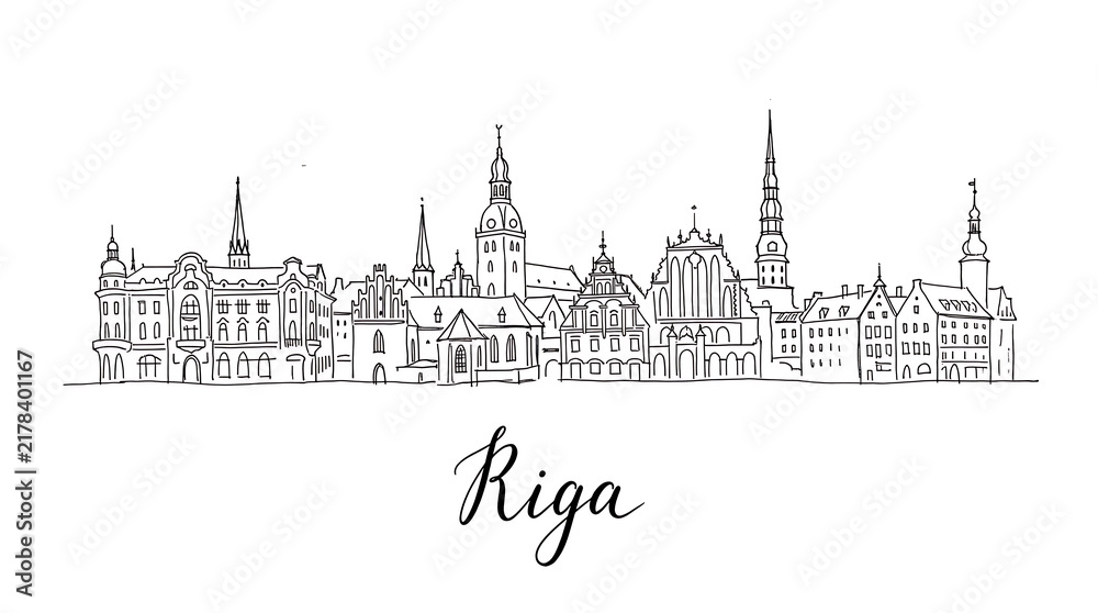 Fototapeta premium Sketched panoramic illustration of Riga?s historic skyline featuring iconic spires and detailed architecture showcasing Latvia's