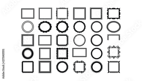 Collection of black decorative frames and borders in various shapes and styles on white background ornamental