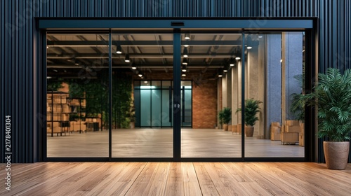 Modern glass entrance to a spacious warehouse with wooden flooring and decorative plants creating an inviting atmosphere for a business setting