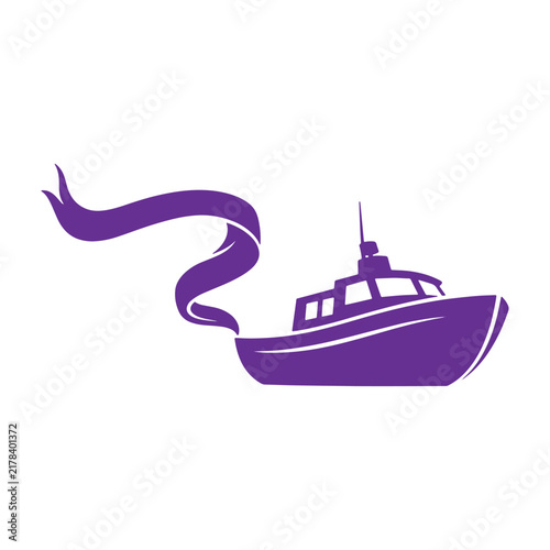 Purple of a small boat with a flowing decorative ribbon, isolated on a white background, maritime ship