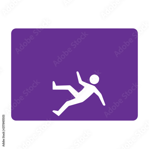 Purple sign showing a white pictogram of a person slipping and falling, isolated on a white background, safety warning