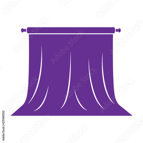 Purple studio backdrop, curtain hanging on, a horizontal rod, with soft vertical, folds isolated on, a white background, for equipment