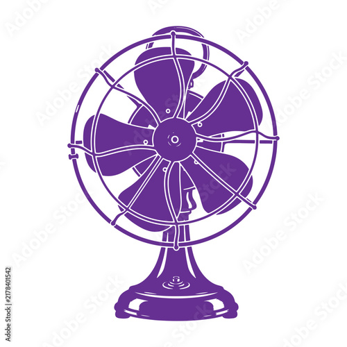 Purple vintage electric desk fan with blades and a protective cage, isolated on a white background, for home appliances