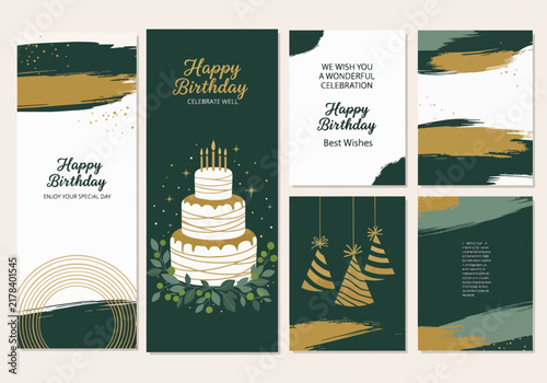 Elegant birthday celebration designs with cake, hats, and festive brush strokes, ideal for invitations, greeting cards and party decor.