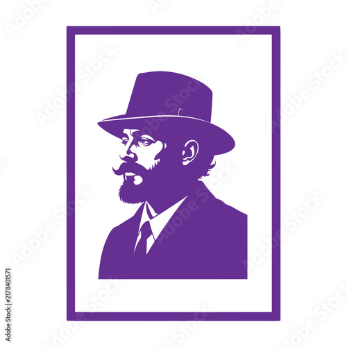 Silhouette portrait of a bearded man wearing a vintage hat, purple on a white background, classic gentleman profile view
