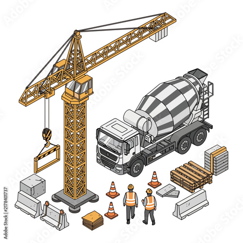Isometric illustration of crane, concrete mixer truck, construction workers and materials, isolated on transparent alpha, ideal for industry, infrastructure and building concepts.