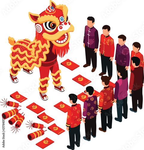 Isometric red lion dance performance with people in traditional attire, red envelopes and firecrackers, isolated on transparent alpha.