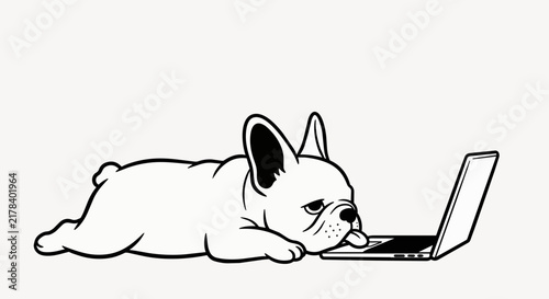 Tired French Bulldog lying on laptop, tongue out, isolated on transparent alpha background, concept for work burnout, digital fatigue and online overload.