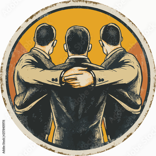 Three men in suits with arms around shoulders, back view, vintage illustration style, suitable for teamwork, partnership and support concepts.