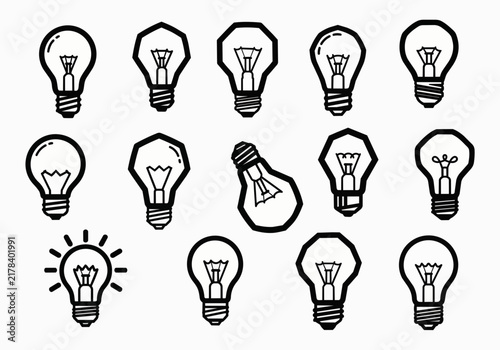 Various black line art lightbulb icons with filament detail, isolated on transparent alpha, concept for innovation, ideas and inspiration generation.