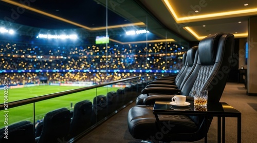 Upscale hospitality experience featuring premium seating and views of a well-lit football field.