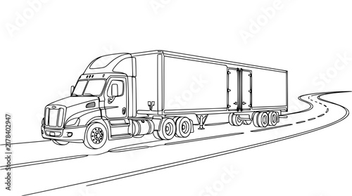 Semi-truck with trailer driving on a winding road, line art illustration