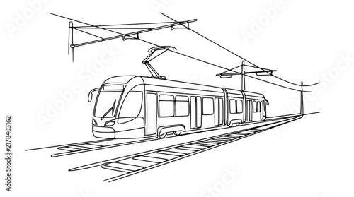 Modern Tram on Tracks, Line Art Illustration, Isolated
