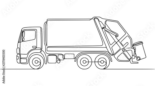 Continuous Line Drawing of a Garbage Truck, Isolated on Transparent Background