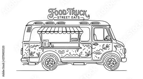 Food Truck Outline Illustration, Street Eats, Mobile Kitchen, Graphic Art