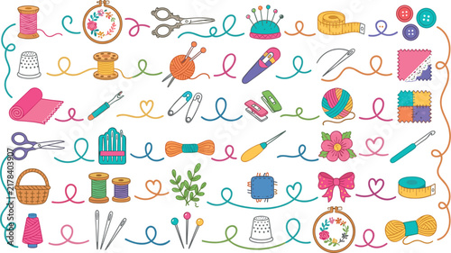 Handcrafted Embroidery Supplies and Sewing Kit Colorful Vector Illustration Set