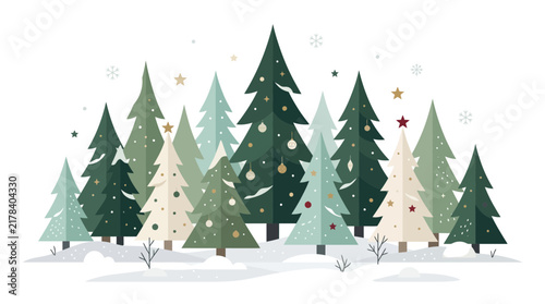 Minimalist winter forest with decorated evergreen trees.