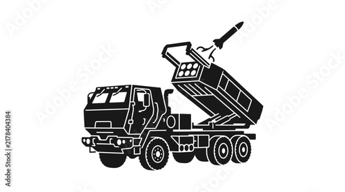 Mobile rocket launcher truck silhouette in firing position.