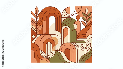 Modern abstract art with geometric arches and leaves.