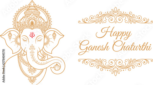 Elegant golden line art of Lord Ganesha with Happy Ganesh Chaturthi typography for festival greeting cards