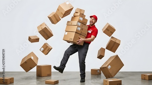 Overwhelmed delivery man balancing a stack of falling shipping boxes