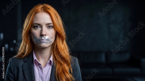 Businesswoman with tape on mouth representing corporate censorship
