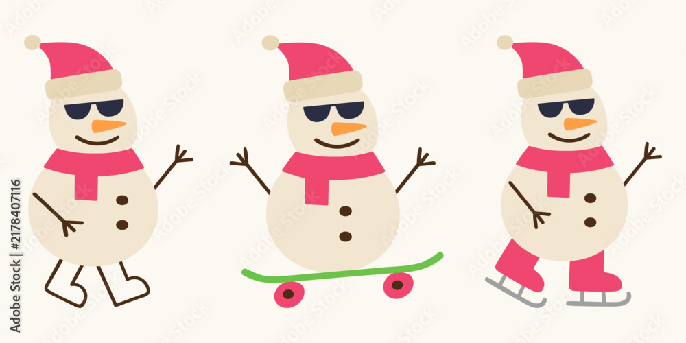 Fototapeta premium cute snowman character collection with skateboard and ice skates in sunglasses flat vector illustration winter holiday mascot set design