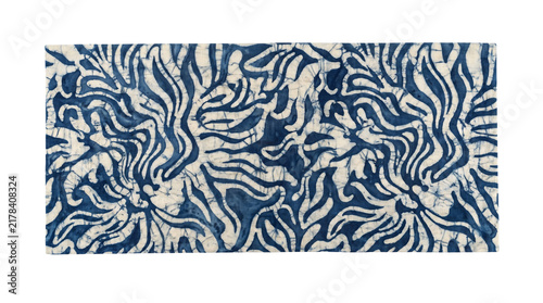 Indigo batik fabric with organic floral pattern, blue and white textile swatch, traditional hand-dyed cloth for interior design isolated PNG with Transparent Background