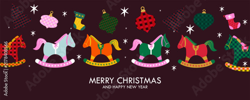 Merry Christmas. Happy New Year 2027 greeting card, banner, poster, cover templates background. Beautiful Xmas design in trendy hand drawn style with decorated Christmas trees, balls, present, candy