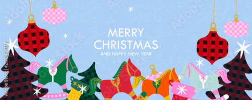 Merry Christmas. Happy New Year 2027 greeting card, banner, poster, cover templates background. Beautiful Xmas design in trendy hand drawn style with decorated Christmas trees, balls, present, candy