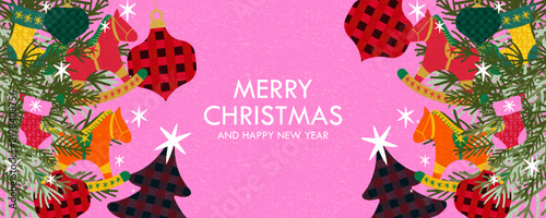 Merry Christmas. Happy New Year 2027 greeting card, banner, poster, cover templates background. Beautiful Xmas design in trendy hand drawn style with decorated Christmas trees, balls, present, candy
