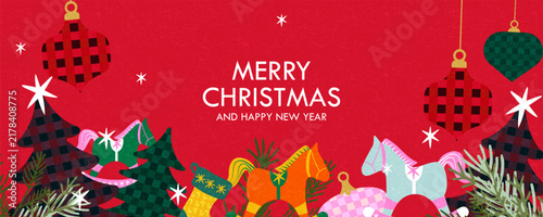 Merry Christmas. Happy New Year 2027 greeting card, banner, poster, cover templates background. Beautiful Xmas design in trendy hand drawn style with decorated Christmas trees, balls, present, candy