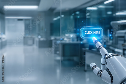 Robotic finger pressing holographic click here button