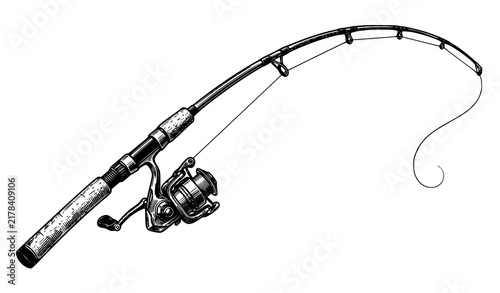 Fishing Rod and Reel With Loose Line Hand Drawn Sketch Illustration Vintage Style Angling Gear Black and White Vector