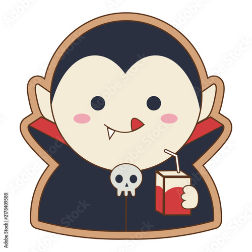 Foto Cute Halloween dracula cookie sticking tongue out holding juice box vector illus