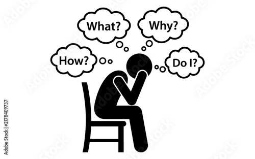 Bild auf Leinwand Person sitting in thought with speech bubble question marks icon for mental health design