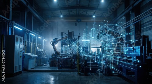 Futuristic industrial factory with advanced robotic arm and digital data visualization.