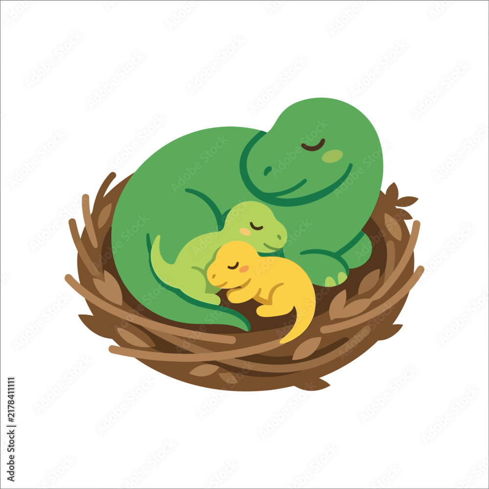 Fototapeta premium Cute dinosaur family sleeping in nest
