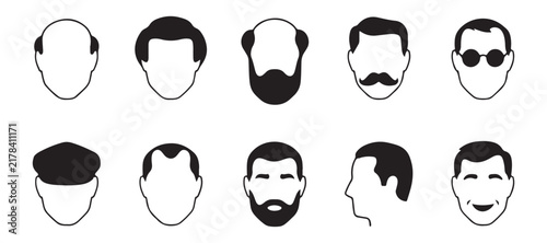 Baldness patterns and beard styles for men vector collection depicting male grooming variations.